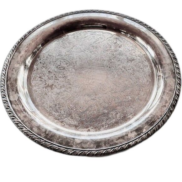 OL Oneida USA w/ 2 Lions Mark Round Vintage Silverplate Tray Floral Etching 15" - Picture 7 of 11